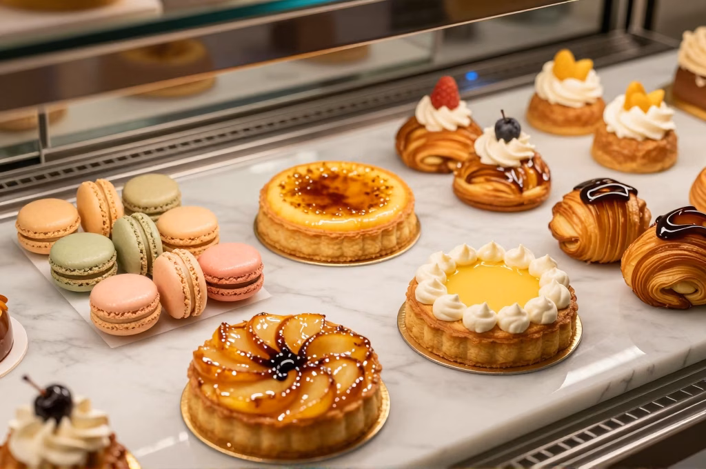 Assortiment de patisseries francaises avec macarons, tarte Tatin, creme brulee et caneles