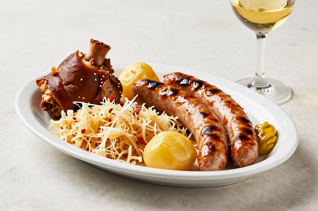 Choucroute garnie alsacienne avec saucisses fumees jarret de porc et verre de Riesling