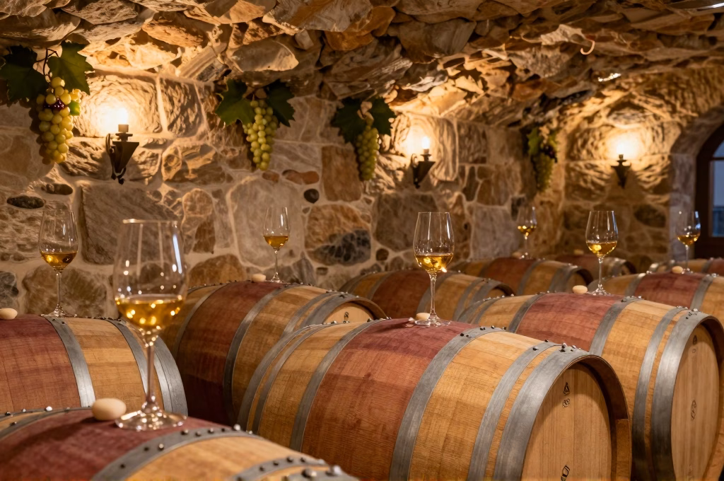 Cave alsacienne avec tonneaux en bois et verres de vin blanc Gewurztraminer dore