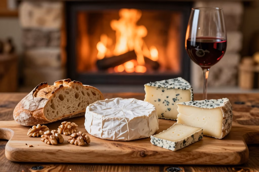 Plateau de fromages d Auvergne Saint-Nectaire Cantal Bleu et Fourme d Ambert avec pain et noix