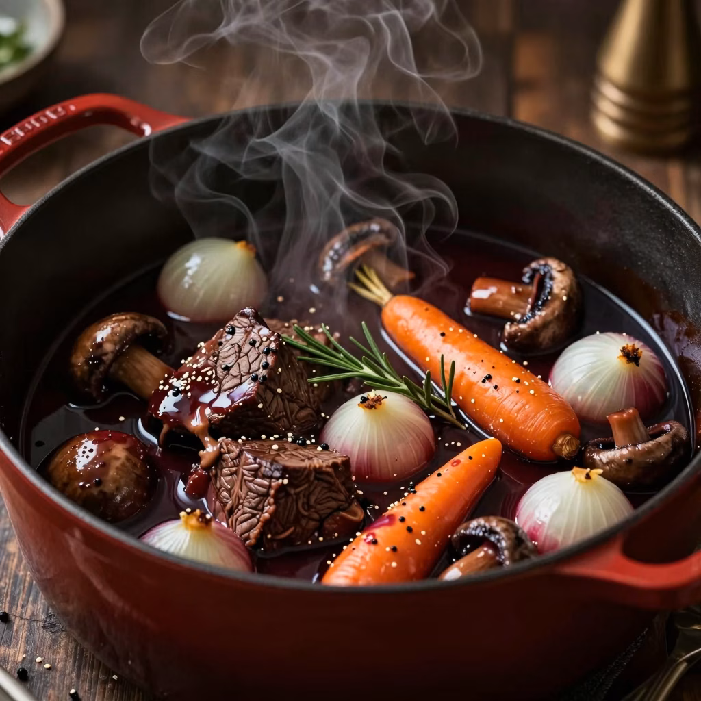 Boeuf bourguignon traditionnel mijoté dans une cocotte en fonte avec sauce au vin rouge de Bourgogne