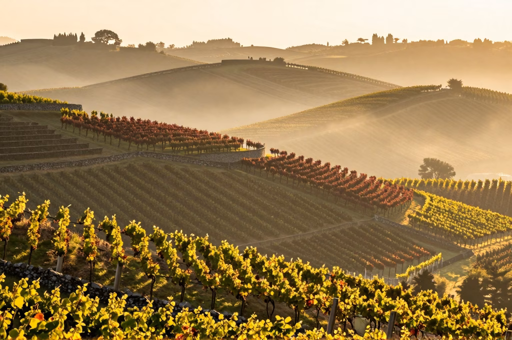 Vignobles de Bourgogne avec pentes terrassées, murs en pierre sèche et paysage pittoresque des Côtes