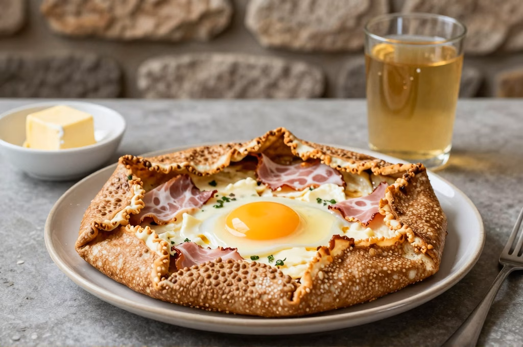 Galette bretonne complete au sarrasin avec oeuf jambon fromage et bol de cidre artisanal