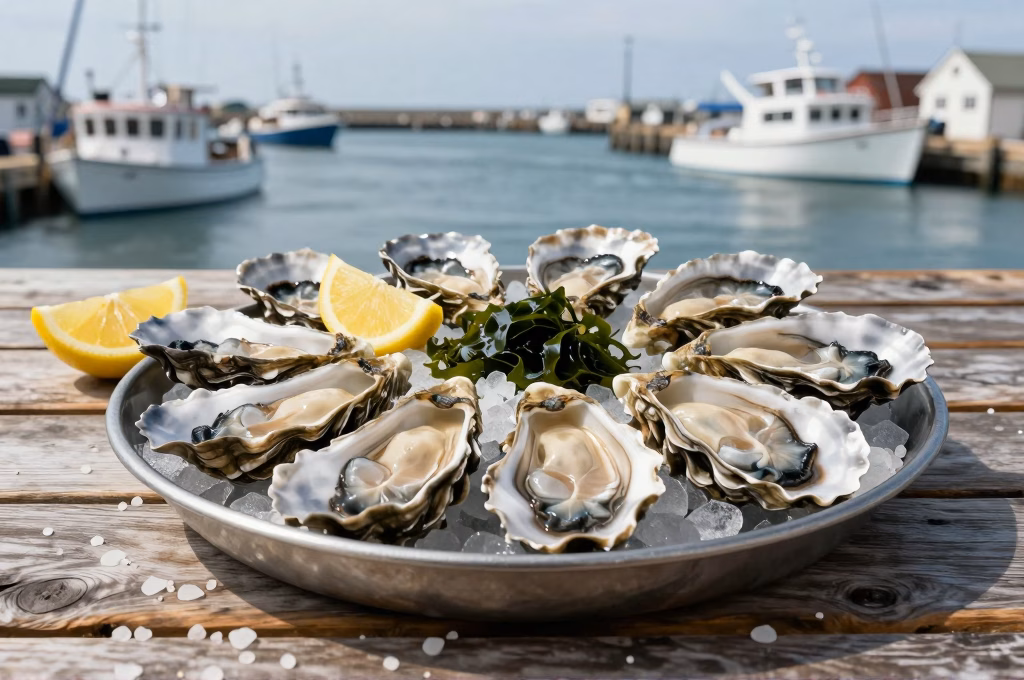 Huitres fraiches de Bretagne sur glace avec citron et algues port de peche en arriere-plan