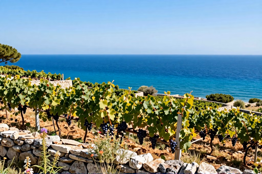 Vignoble corse en terrasses surplombant la mer Mediterranee turquoise avec cepages autochtones