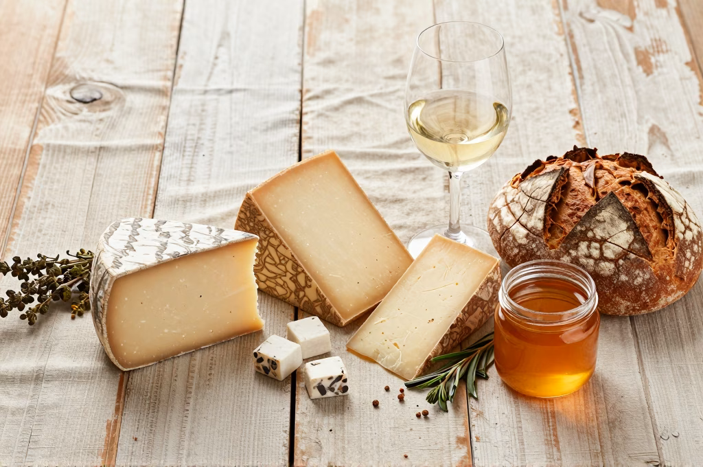 Dégustation de produits du terroir français : fromage affiné, vin, pain artisanal et miel