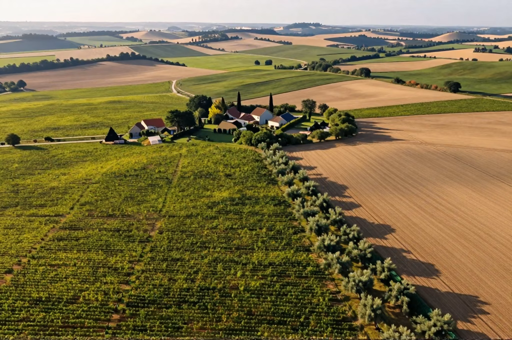 Vue aérienne des vignobles, champs de blé et oliveraies du paysage agricole français
