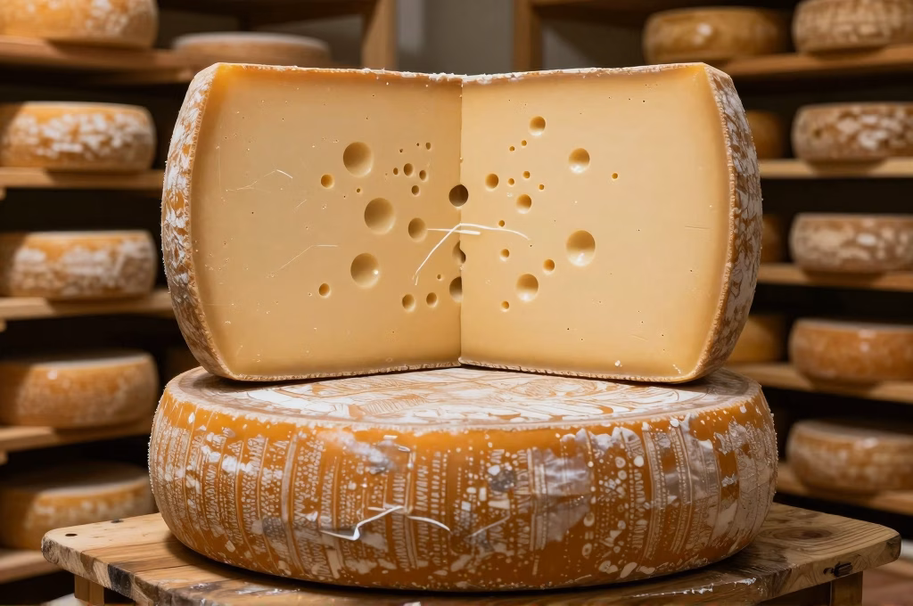 Meule de Comte AOP en cave d affinage avec pate doree et croute naturelle