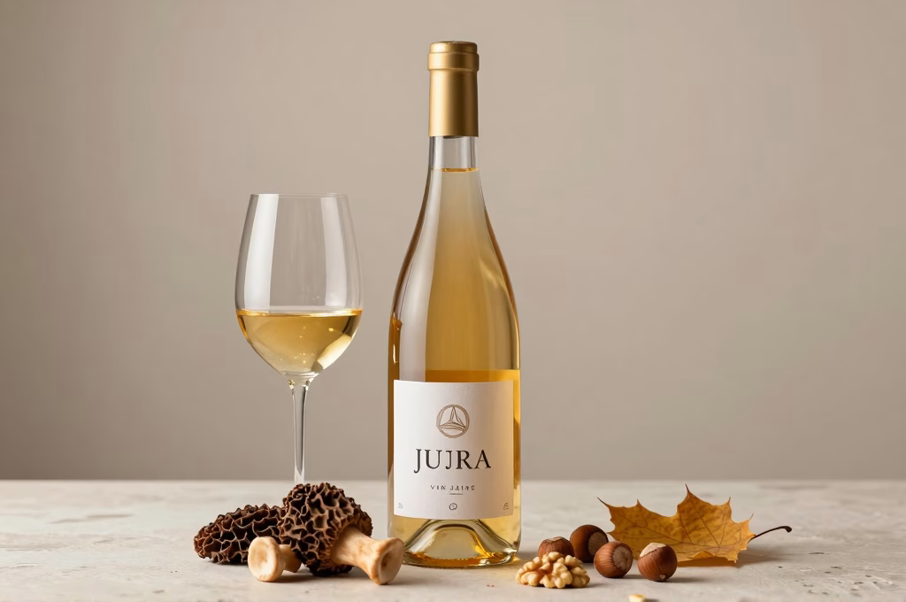 Verre de Vin Jaune du Jura avec bouteille clavelin morilles fraiches et noix