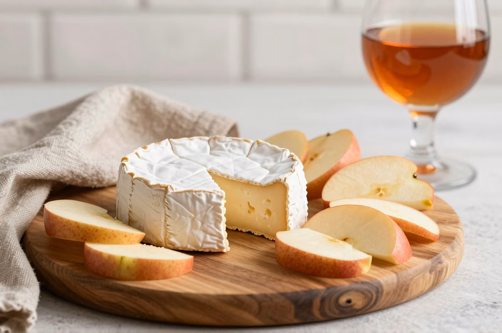 Plateau de fromages normands camembert livarot pont-leveque avec pommes et verre de calvados