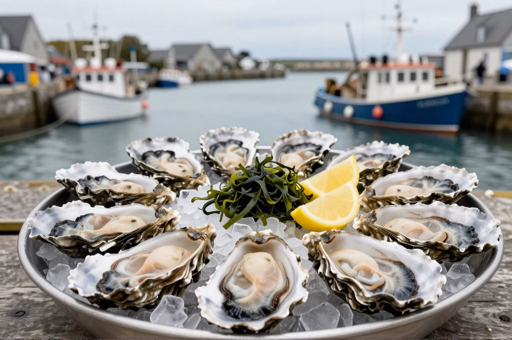 Plateau de fruits de mer normands huitres moules coquilles Saint-Jacques sur glace avec port de peche