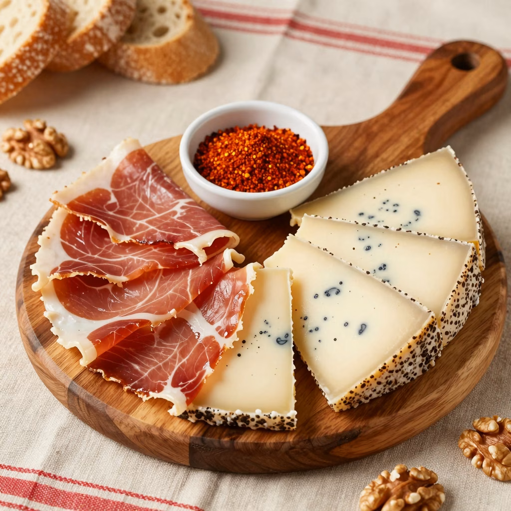 Plateau de charcuterie et fromages basques avec jambon de Bayonne et Ossau-Iraty AOP