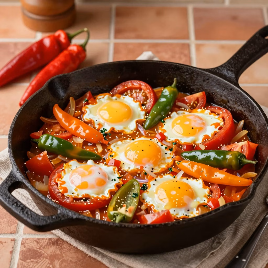 Piperade basque traditionnelle aux piments et tomates dans une poêle en fonte