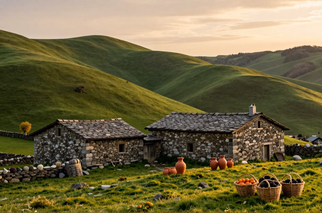 Paysage rural du Pays Basque avec ferme traditionnelle, collines verdoyantes et produits locaux