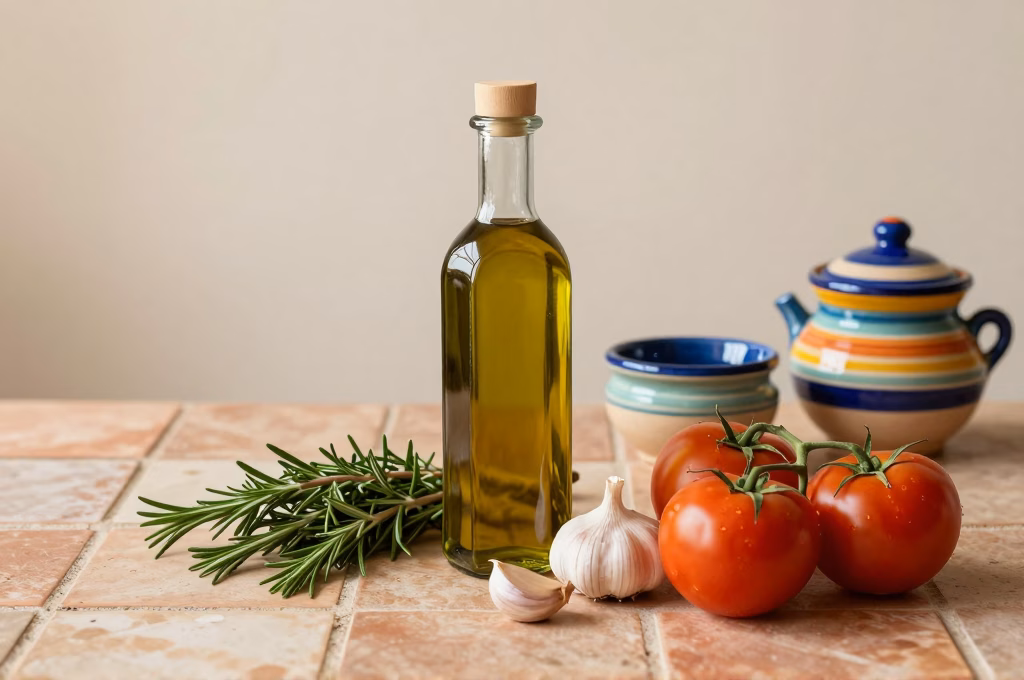 Table provencale avec huile d olive herbes de Provence tomates et poteries artisanales