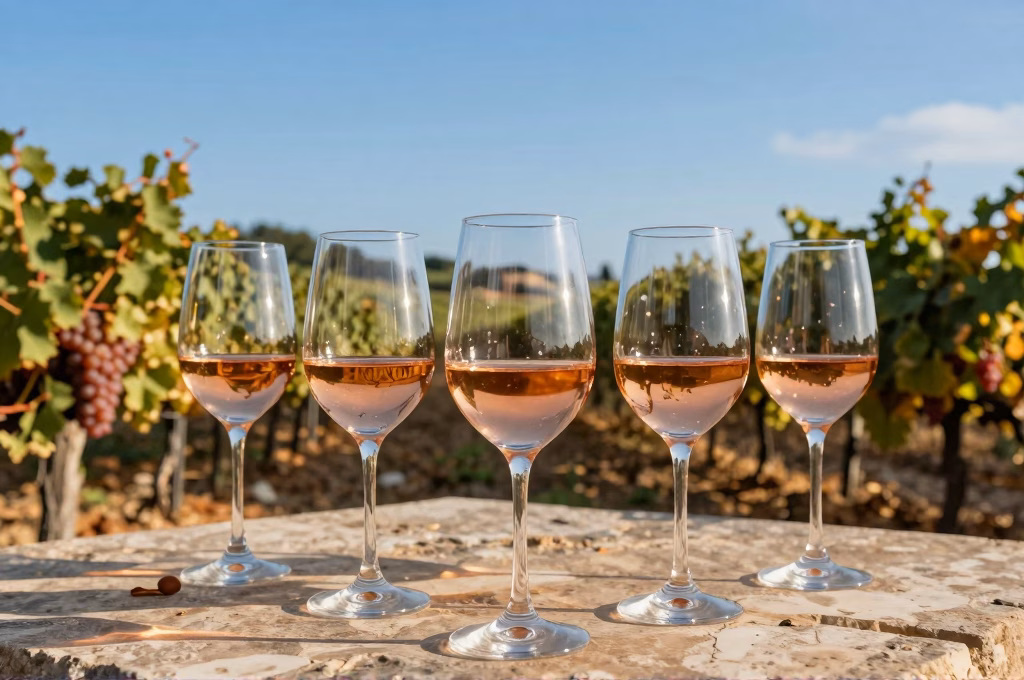 Degustation de vin rose de Provence avec vignoble mediterraneen en arriere-plan