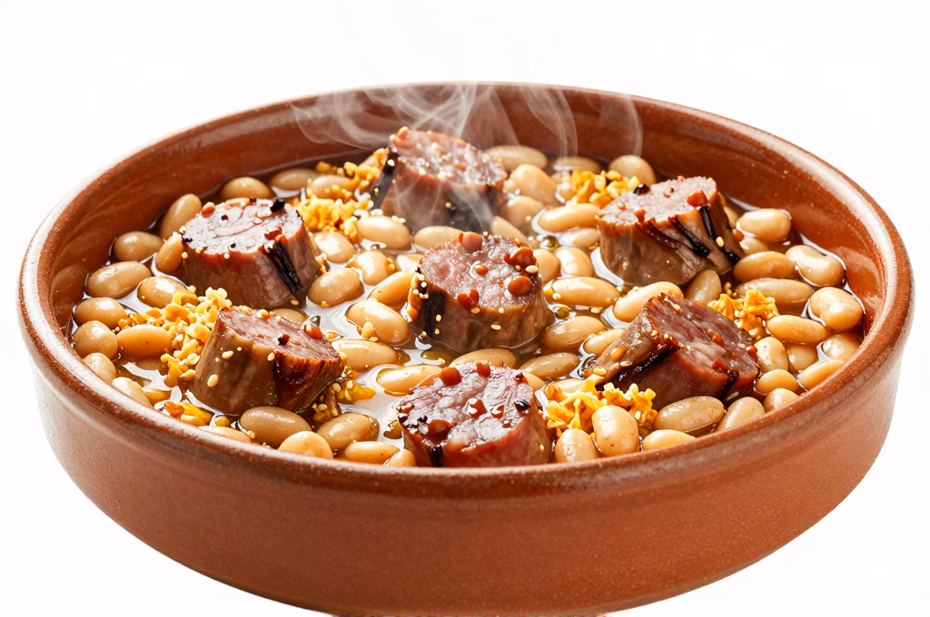 Cassoulet traditionnel du Sud-Ouest en cassole avec haricots blancs confit de canard et saucisses