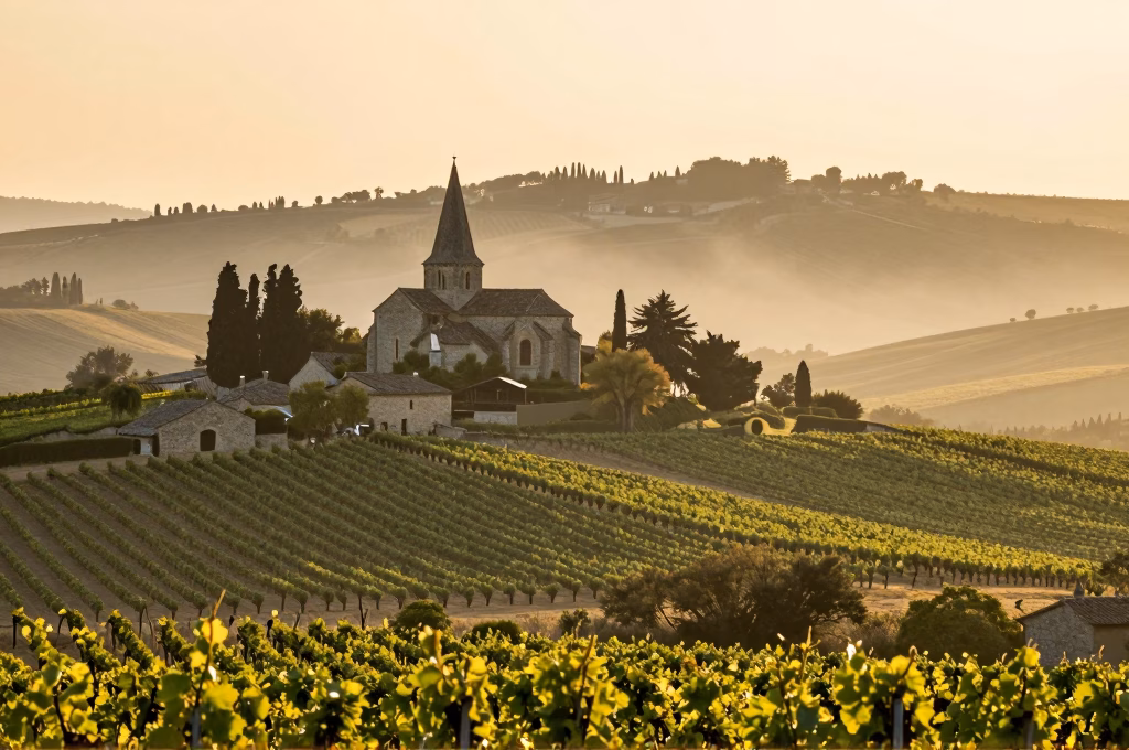 Paysage de campagne française avec vignobles et village typique