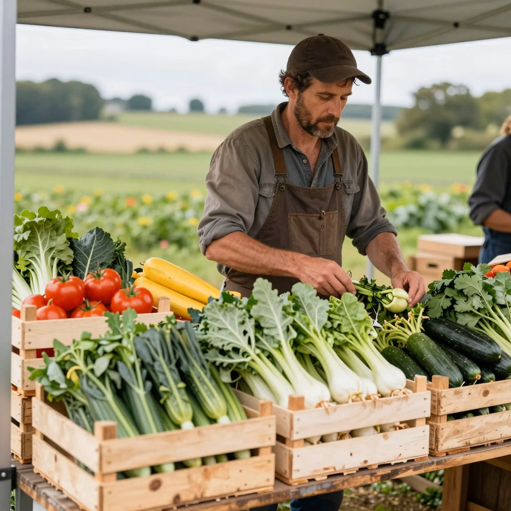 Vente directe a la ferme avec producteur local et legumes frais du terroir
