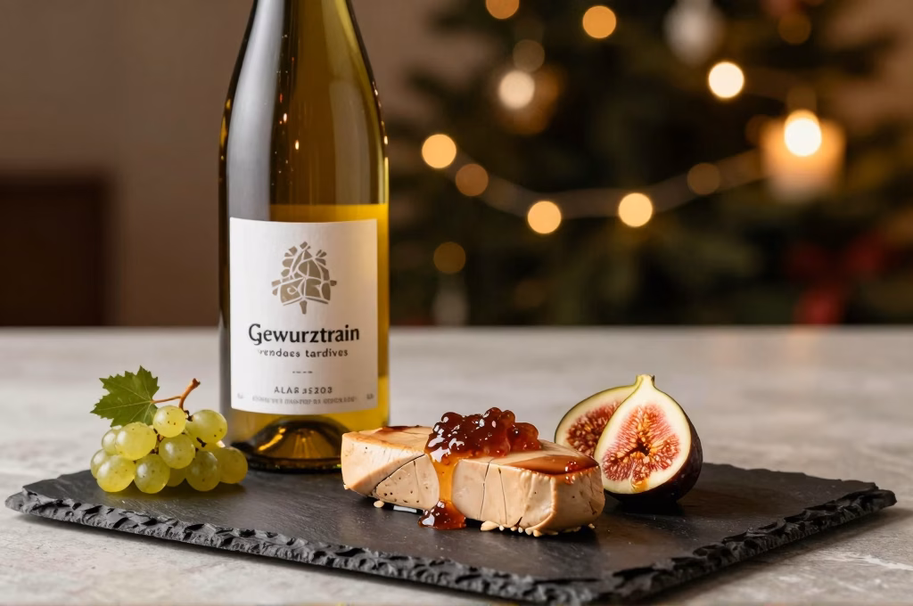 Terrine de foie gras entier avec chutney de figues et bouteille de Gewurztraminer vendanges tardives