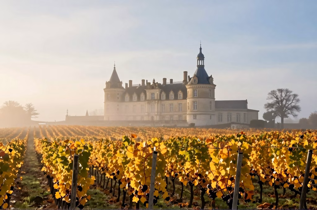 Vignoble du Sauternais en automne avec brume matinale et raisins dores botrytises
