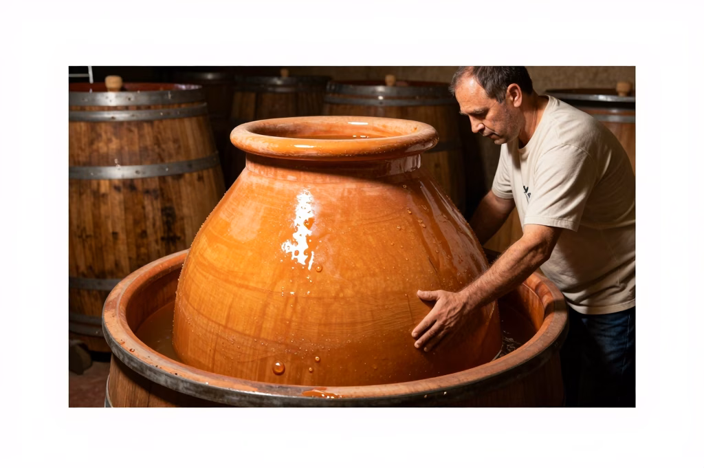 Cave de vinification naturelle avec amphores en terre et fûts de chêne
