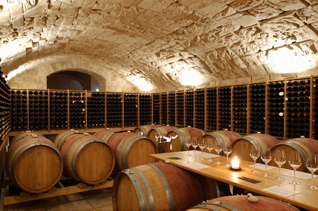 Cave a vin francaise avec bouteilles vieillies tonneaux de chene et table de degustation