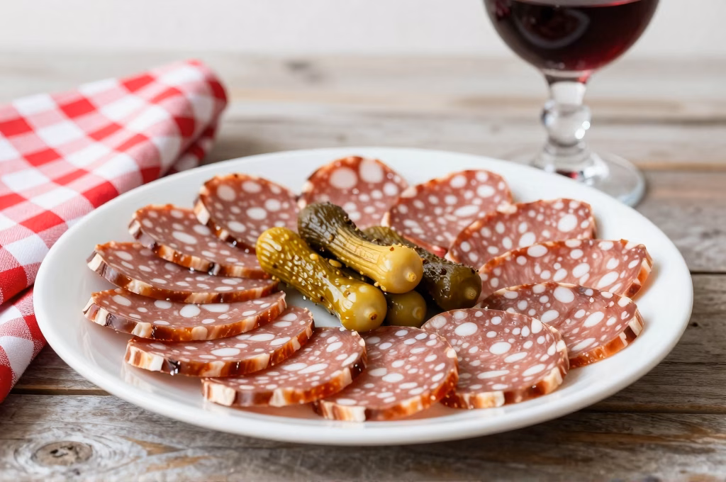 Assiette de charcuterie francaise avec saucisson pate et rillettes accompagnee de vin rouge