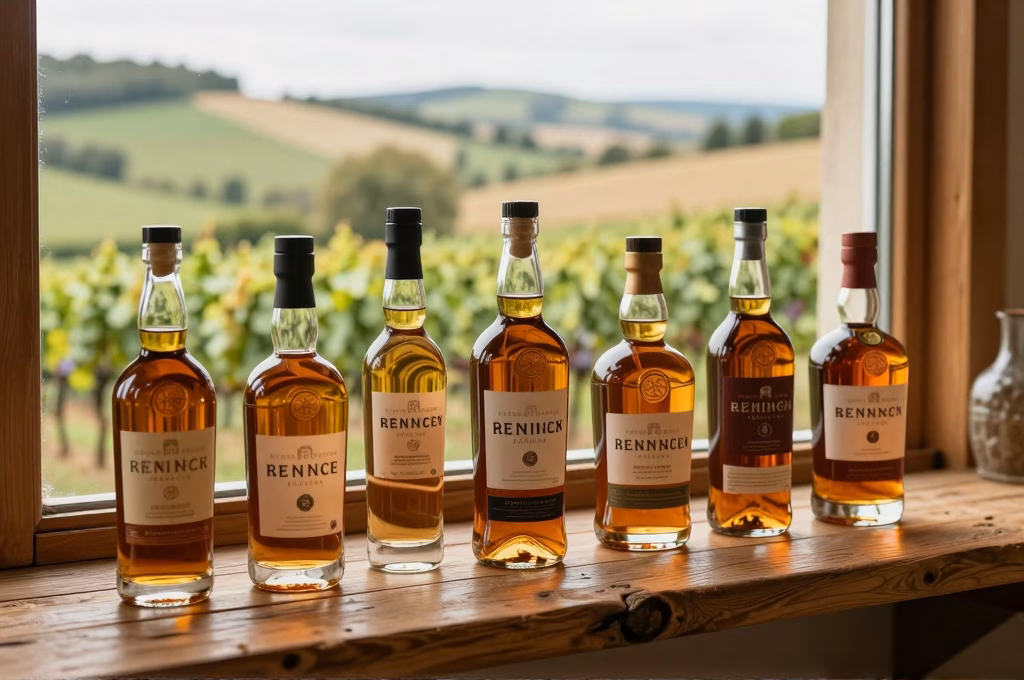 Bouteilles de whisky artisanal français sur étagère en bois avec paysage de terroir en arrière-plan