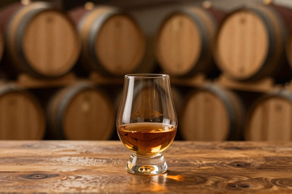 Dégustation de whisky français ambré dans un verre en cristal avec fûts de chêne en arrière-plan